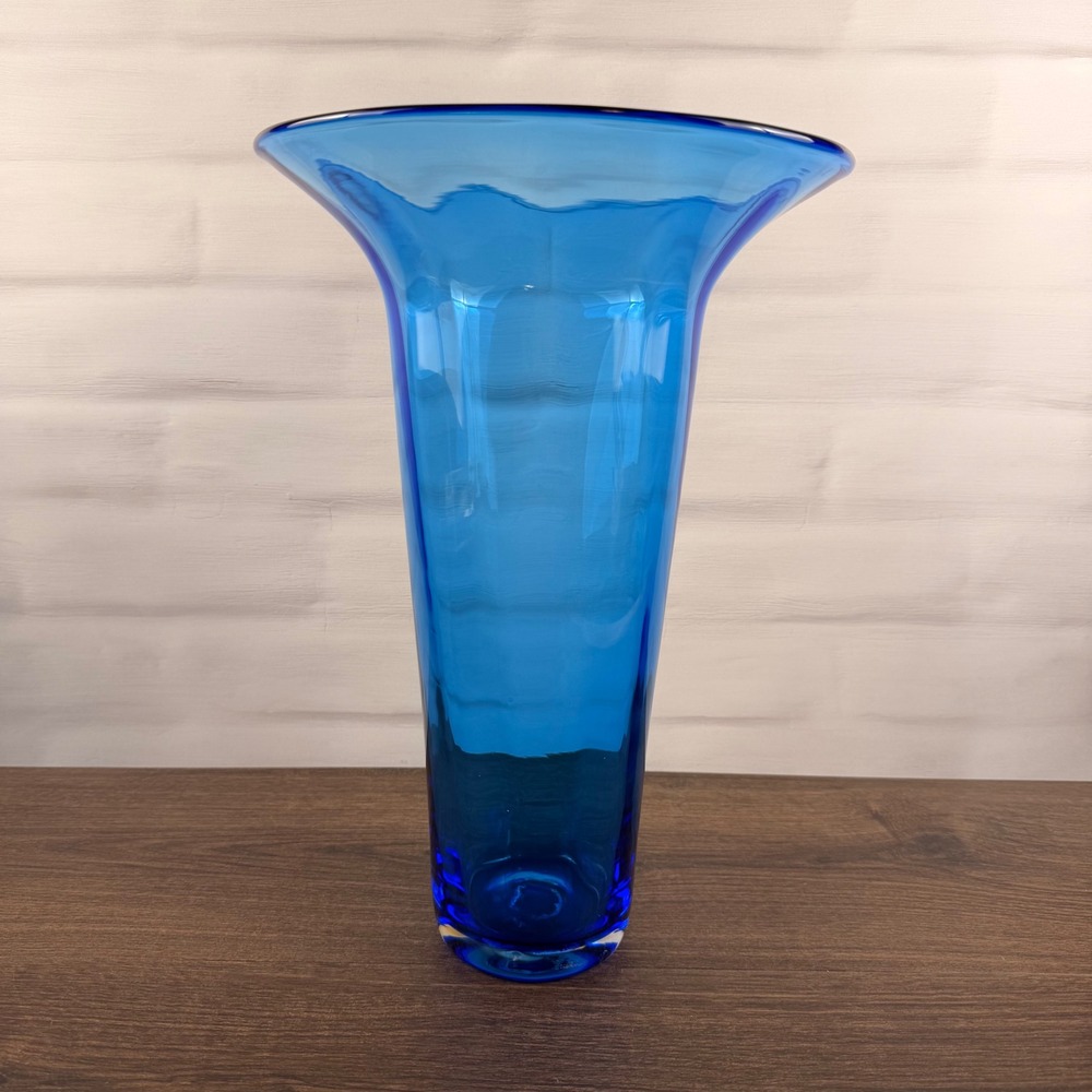 Blenko 9314S Azure Blue Glass Flared Vase Vintage 1990s